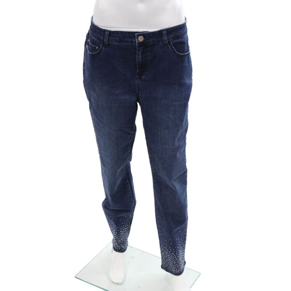 Renuar Womens Cotton Blend Crystal Detail Mid-Rise Tapered Jeans Blue Size 2
